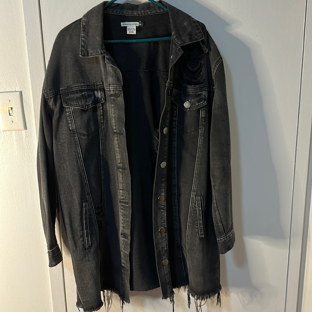 Black distressed long denim jacket